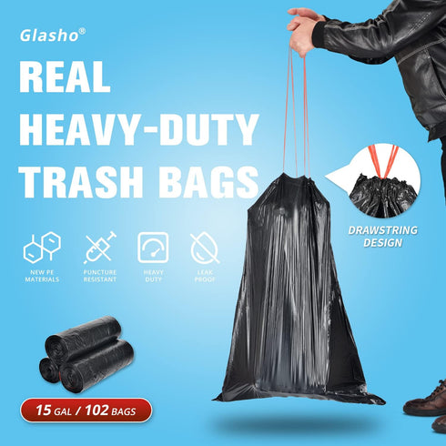 Ultra Strong 15 Gallon Drawstring Trash Bags (102 Count) Large Heavy Duty Thicken Plastic Tall Kitchen Garbage Bags Black for Kitchen Office Lawn Yard by glasho