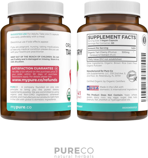 Organic Tart Cherry Capsules, 60 Capsules of 500mg, Vegan & Gluten Free, Natural Uric Acid Flush, High Strength 4:1