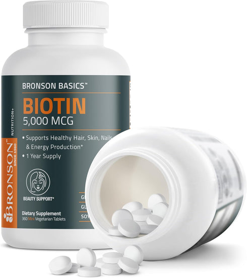Bronson Biotin 5,000 MCG, Supports Healthy Hair, Skin & Nails, High Potency Beauty Support, 360 Vegetarian Tablets