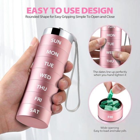 OUVBTX 7 Metal Large Pill Organizer, Travel Weekly Pill Box, Portable Aluminum Alloy Waterproof Container, Day Daily