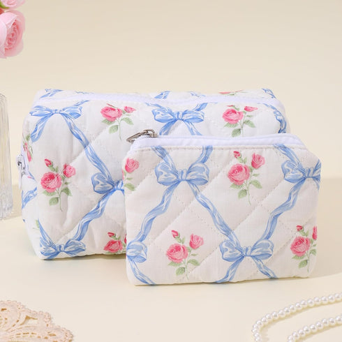 LYDZTION 2Pcs Cute Makeup Bag, Quilted Bow Makeup Bag for Women, Coquette Cotton Storage Bag for Lipstick Brushes