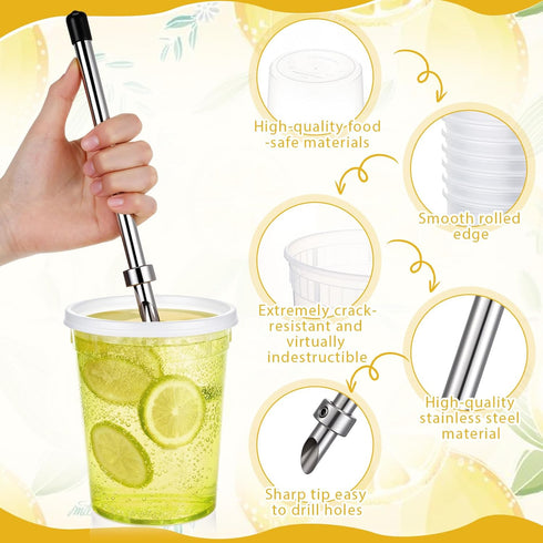 LemonRoad 50 Set 32oz Summer Lemonade Stand Cups with Lids Straws Puncher Clear Plastic Drink Buckets with Flat Lids