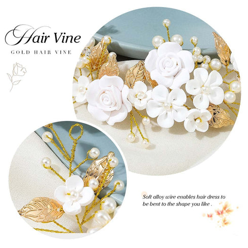 Unicra Gold Flower Bride Wedding Hair Vine - Pearl Bridal Hair Piece Leaf Hair Accessories Rhinestone Headband