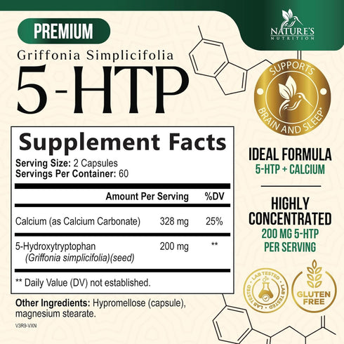 5 HTP Supplement Vegetarian Capsules, 200mg 5HTP Plus Calcium for Brain Support, 120 Capsules