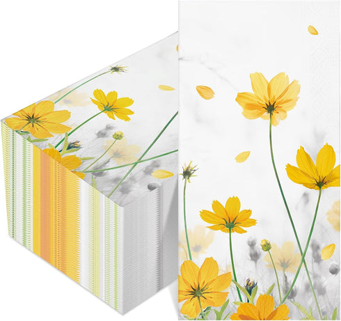100 Pcs Floral Guest Napkins - 3 Ply Yellow Flower Paper Napkins, Decorative Disposable Hand Towels for Parties