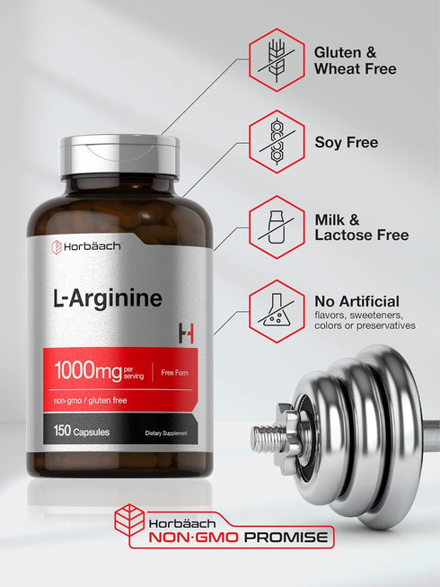 Horbaach L Arginine 1000mg Capsules | 150 Powder Pills | Non-GMO & Gluten Free Supplement