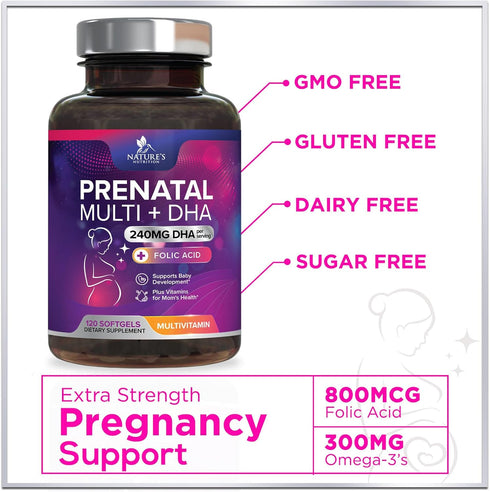 Women's Prenatal Multivitamin with Folic Acid + DHA, 120 Softgels - Prenatal Vitamin Supplement for Fetal Support