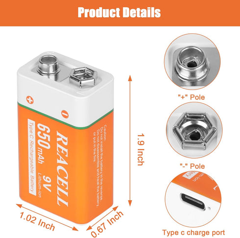 REACELL 2 Packs 9V 9 650mAh 9V Rechargeable Lithium Batteries, Volt Batteries for Smoke Detector, USB Charging Battery