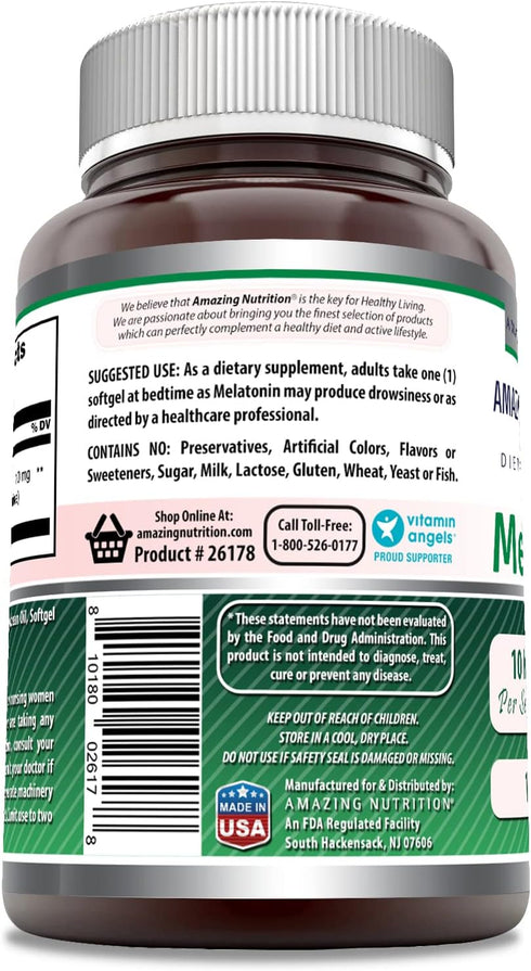 Amazing Nutrition Melatonin Supplement | 10 Mg Per Serving | 120 Softgels | Non-GMO | Gluten Free | Made in USA