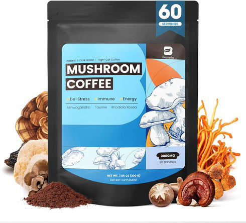 B BEWORTHS Mushroom Coffee Powder with Ashwagandha, L-theanine, Lion's Mane, Reishi, Chaga,