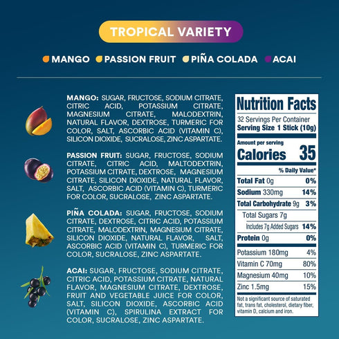 DripDrop Hydration - Tropical Variety Pack, Electrolyte Drink Mix Single Serve Packets, Non-GMO, Gluten Free, Vegan, 32