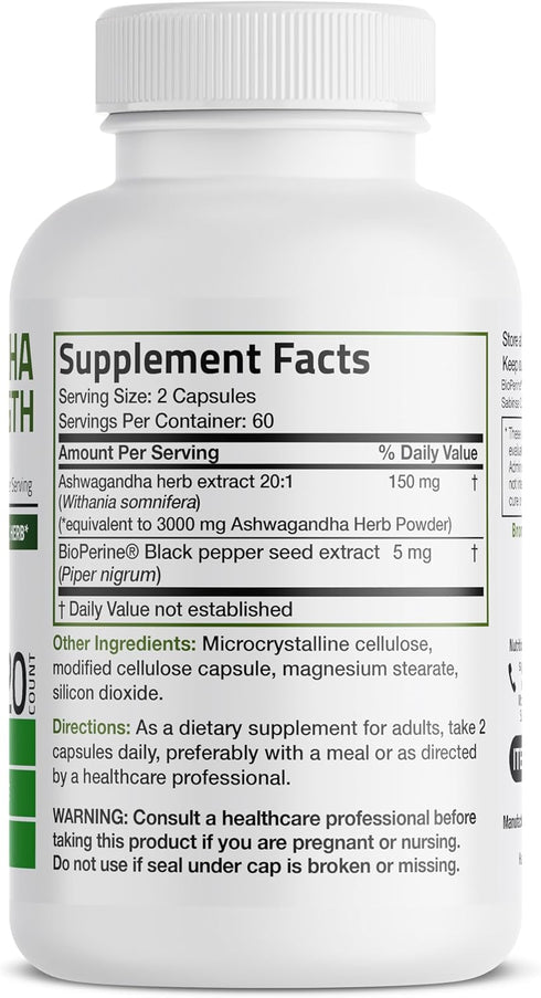 Bronson Ashwagandha Extra Strength Stress & Mood Support with BioPerine - Non GMO Formula, 120 Vegetarian Capsules