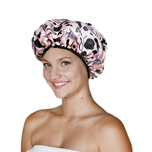 Reusable Nylon Shower Cap & Bath Cap - Oversized Waterproof Shower Caps for All Hair Lengths, Terry Lining