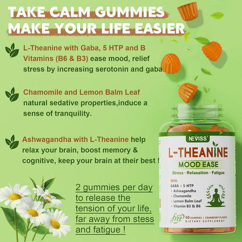 L-Theanine 200mg Gummies Sugar Free - GABA, 5-HTP, Ashwagandha & Vitamin D3 for Relaxation Support - 2 Packs