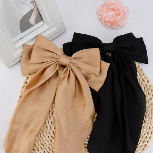 Silky Satin Hair Bows for Women, 2Pcs Oversized Black Hair Ribbons with Long Tail Clips, Aesthetic Accessories