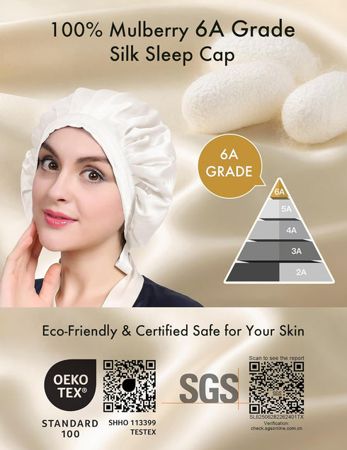 LILYSILK 100% Mulberry Silk Bonnet, 19 Momme Adjustable Night Sleep Cap for Sleeping, Ivory