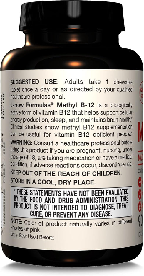 Jarrow Formulas Maximum Strength Methyl B-12 5000 mcg - Dietary Supplement - 90 Cherry Flavored Chewable Tablets