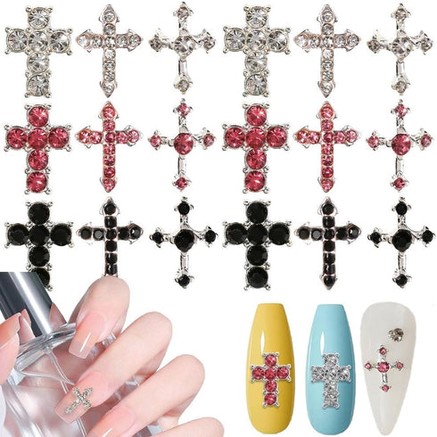 Crystal Cross Nail Charms - y2k Silver Crystal Cross Nail Art, 3D Pink Charms for DIY Designs Supplies
