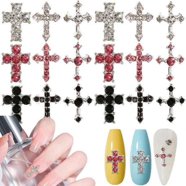 Crystal Cross Nail Charms - y2k Silver Crystal Cross Nail Art, 3D Pink Charms for DIY Designs Supplies