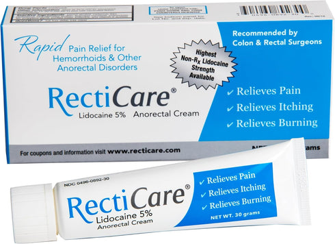 RectiCare Anorectal Lidocaine 5% Cream for Hemorrhoids & Anorectal Disorders, 30g Tube