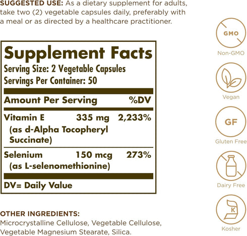 Solgar Dry Vitamin E with Yeast-Free Selenium - 100 Vegetable Capsules - Advanced Antioxidant Support, Non-GMO