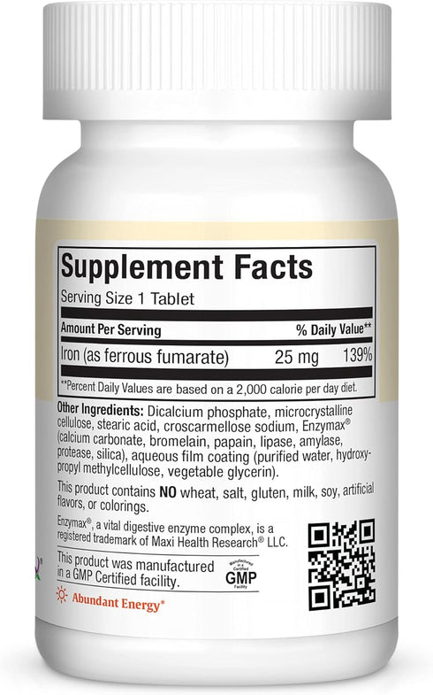 Maxi Health Iron Supplement for Women & Men, Gentle Iron 25 mg, Non-Constipating, 100 Tablets