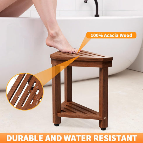 MISSEND 15 Shower Foot Rest in, Acacia Shower Stool for Shaving Legs,Corner Bath Shower Bench with Starage Shelf