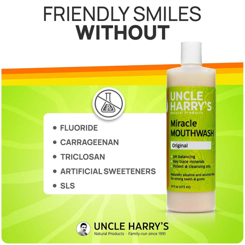Uncle Harry's Natural Alkalizing Miracle Mouthwash - pH Balanced Oral Care for Adults & Kids - 16 fl oz - Bad Breath