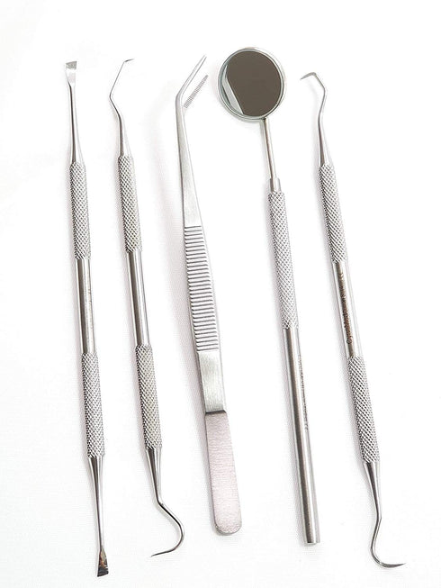 Dental Hygiene Set of 5 - Stainless Steel Tarter Scraper, Toothpick, Mouth Mirror, Ideal for Personal Use