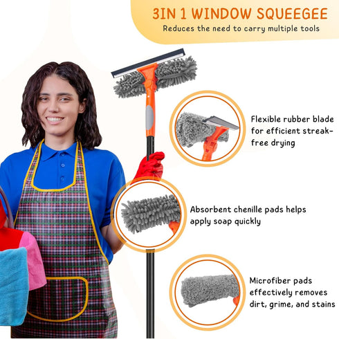 Window Cleaner Tool for Home, 59.5'' Squeegee Kit for Glass, Car Windshield, Mirror, Shower Door Cleaning, 2 in 1 Outdoor Window Washer with Extension Pole by KeFanta