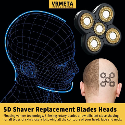 Men's Electric Shaver Replacement Heads, 5D Sharp Floating Blades for Electric Rotary Shaver (5 heads, Gold)