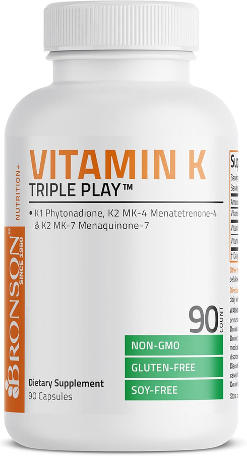Bronson Vitamin K Triple Play | Full Spectrum Complex Vitamin K Supplement (K2 MK7, K2 MK4, K1) | 90 Capsules