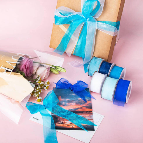 Blue Organza Ribbon 6 Rolls, 1 Inch Wide, Sheer Chiffon for Gift Wrapping