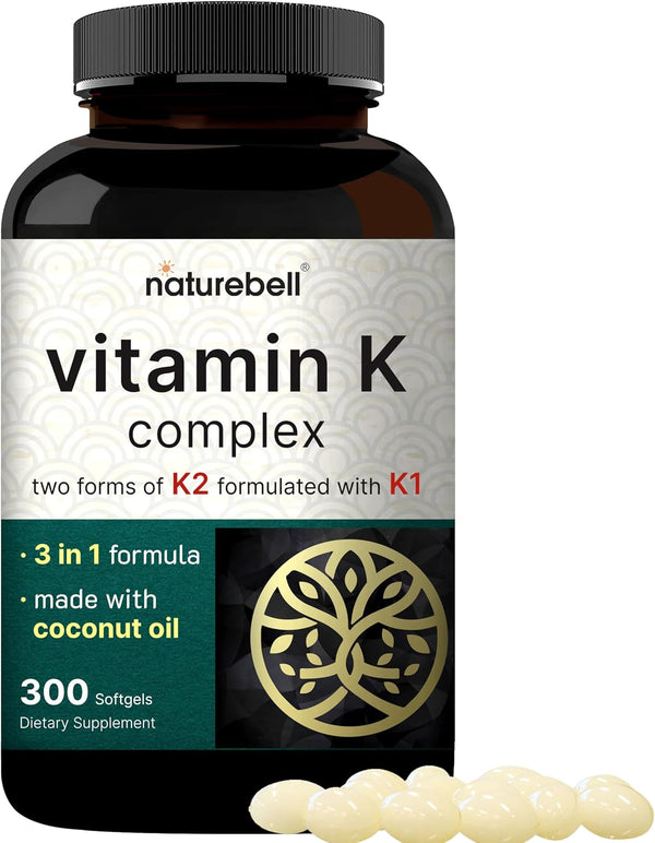 NatureBell Vitamin K Complex - 300 Coconut Oil Softgels, K1 + K2 (MK-7 & MK-4) for Heart & Bone Support, Non-GMO