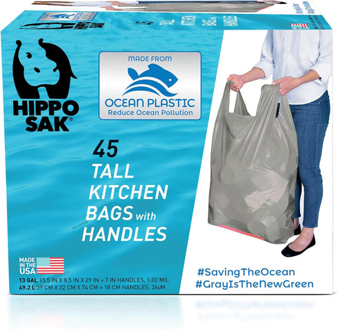 Hippo Sak Tall Kitchen Garbage Bags, 13 Gallon, 45 Count, Ergonomic Handles, Made from Recycled Plastic
