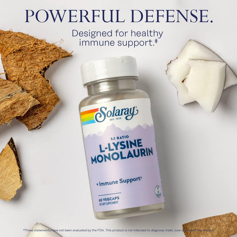 SOLARAY L-Lysine Monolaurin Immune Support Supplement, 500 mg Each, 30 Servings, 60 VegCaps, 60-Day Money Back Guarantee