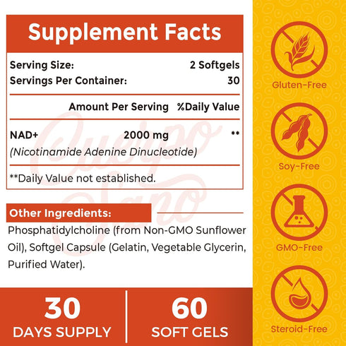 2000 MG Liposomal NAD Supplement - High Absorption & NAD Pontecy, More Efficient Than Nicotinamide Riboside, 100% Pure NAD+ Supplements for Aging Defense, Metabolism & Cellular Energy, 60 softgels