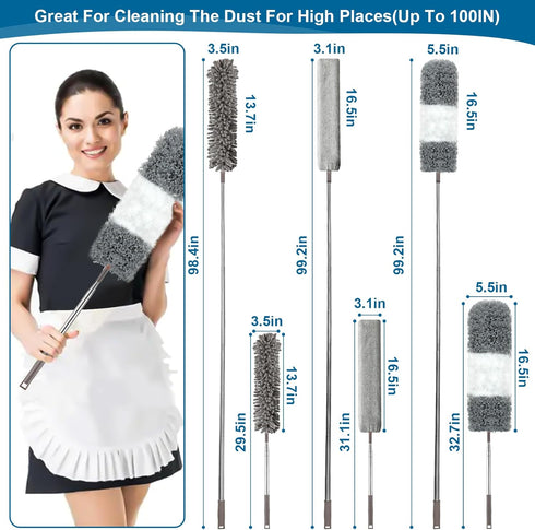 Microfiber Duster, 4PCS with Extension Pole (Stainless Steel) 30 to 100 Inches, Reusable Washable for Cleaning High