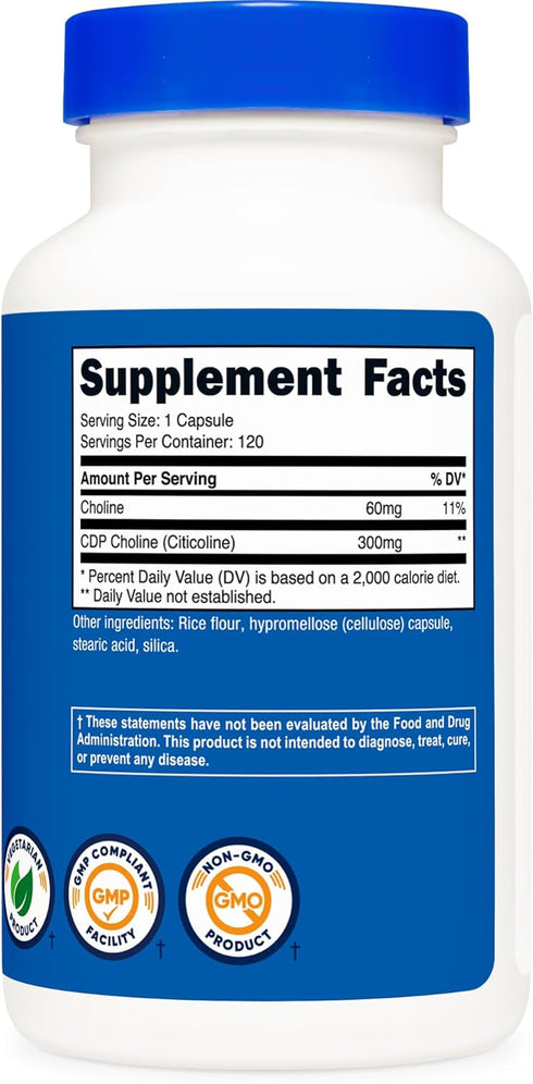 Nutricost CDP Choline (Citicoline) 300mg - 120 Vegetarian Capsules, Non-GMO, Gluten Free