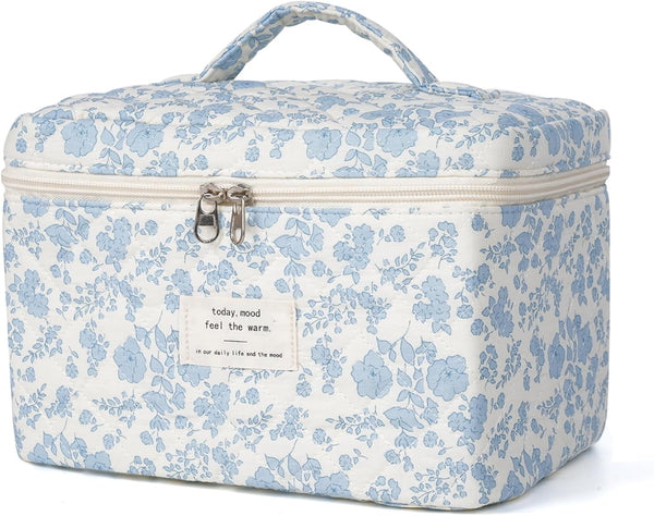 Large Floral Quilted Makeup Bag for Women, Cotton Cosmetic Bag Set, Flower Travel Toiletry Bag