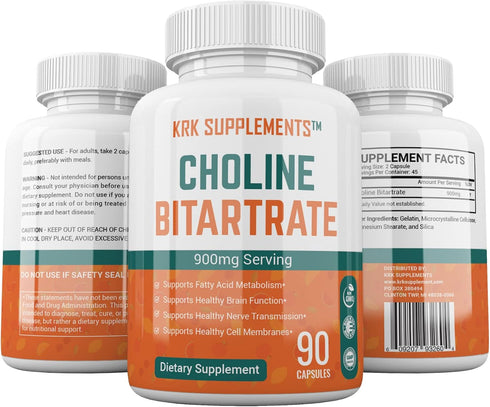 2 Bottles of Choline Bitartrate 900mg, 180 Total Capsules from KRK Supplements