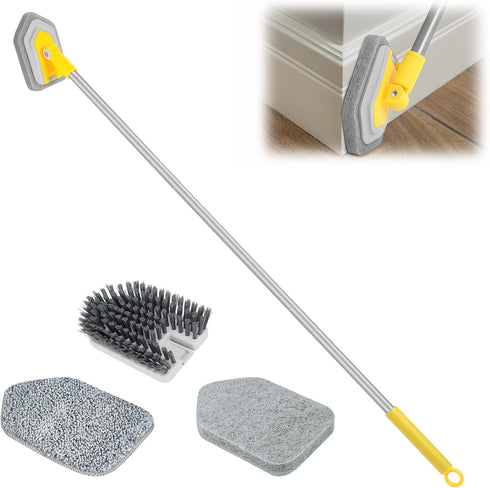 Lalafancy Baseboard Cleaner Tool with Long Handle, 3 Reusable Brush Pads, 52’’ Shower Wall Scrubber for Bathroom