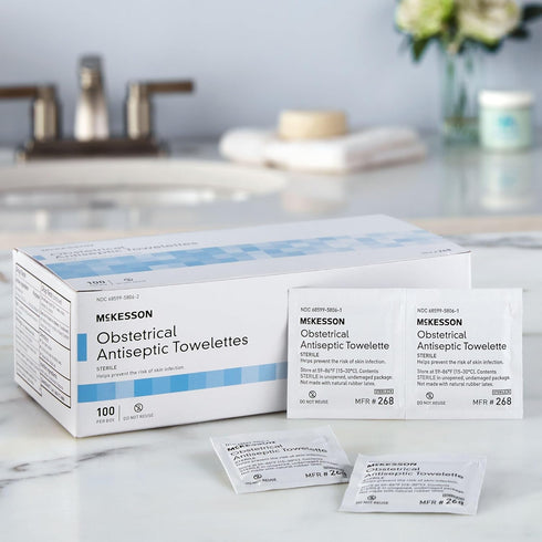 Packet, 100 Count, 1 Pack McKesson Obstetrical Antiseptic Towelettes Wipes, Sterile, Individual Clean Scent