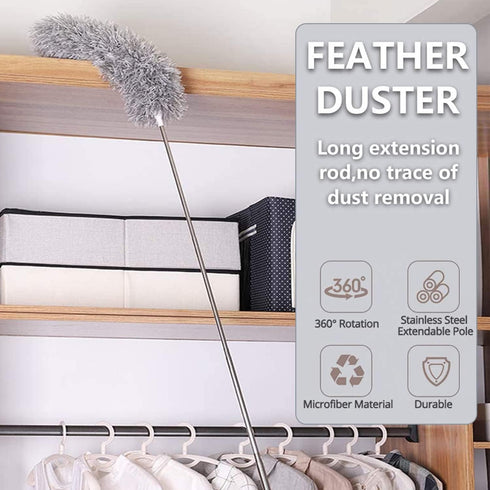 Microfiber Duster Gray with 100" Extension Pole, Telescoping Feather Dusters for Cleaning High Ceilings, Cobwebs, Fans,