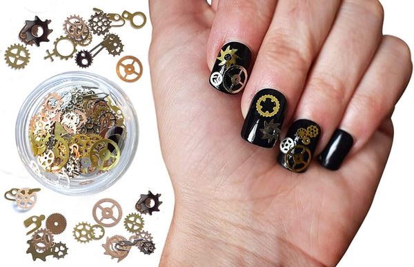 Steam Punk Encapsulated Nail Art Gear Cogs Charms, 100 Pieces, Steampunk 3D Metal Decal Art in Rose Gold and Silver