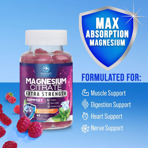 Magnesium Gummy - High Absorption Magnesium Citrate Supplement for Relaxation, 60 Raspberry Gummies