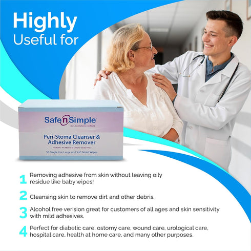 Safe n' Simple Adhesive Remover for Skin - 5"x7" 50 Wipes - Stoma Adhesive Remover Wipes - Alcohol Free for Sensitive