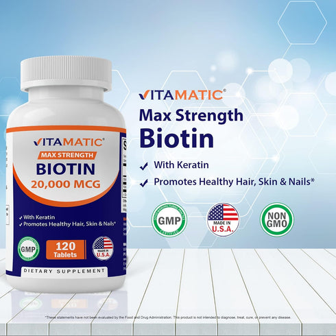 Vitamatic High Potency Biotin 20000 mcg (20mg) with Keratin 100mg - 120 Vegetarian Tablets for Healthy Hair Skin Nails
