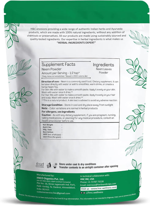 H&C Natural Neem Leaves Powder, 227 Grams (1/2 lb)