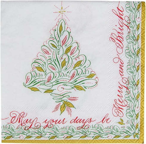 Caspari Christmas Calligraphy Paper Cocktail Napkins, Two Packs of 20